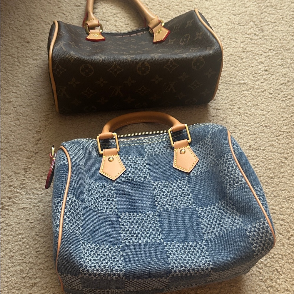 Blue Checker Pattern Satchel with Tan Trim